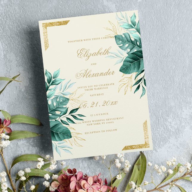 Convite Casamento floral de ouro verde-tropical (Tropical green ivory gold glitter floral wedding )