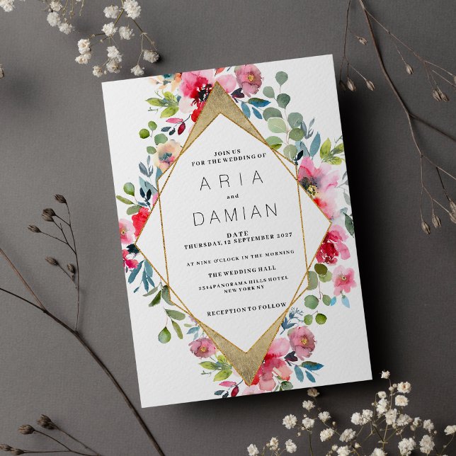 Convite Casamento floral de ouro vermelho-rosa geométrico (Geometric pink mint red gold floral Wedding )