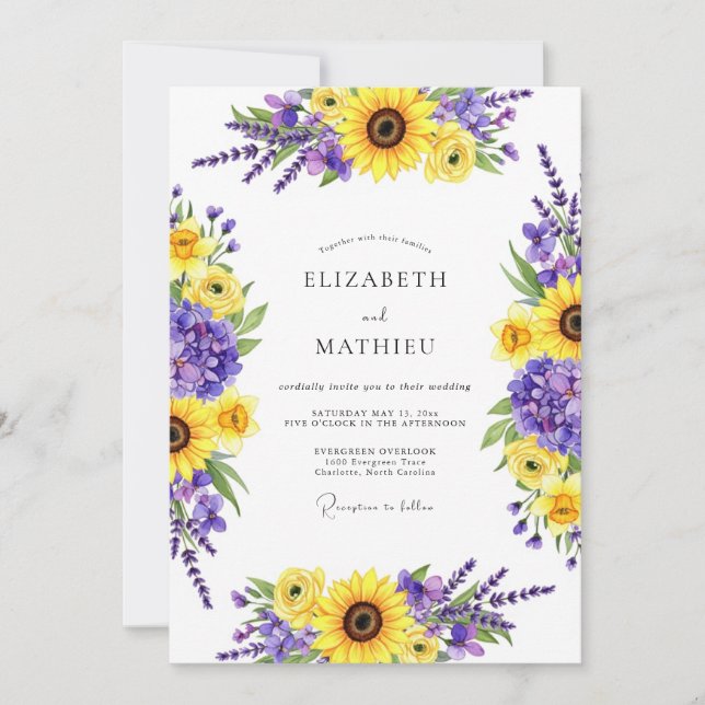 Convite Casamento Floral de Outono Amarelo Roxo (Frente)