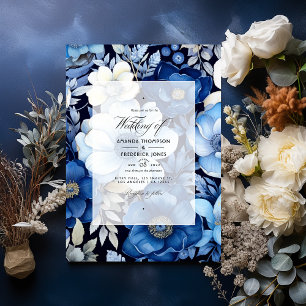 Convite Casamento Floral de Outono Azul Marinho, Prata e B