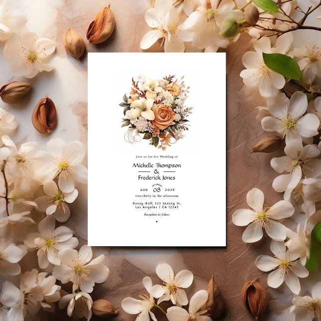 Convite Casamento Floral de Outono Bege a Castanho (Criador carregado)