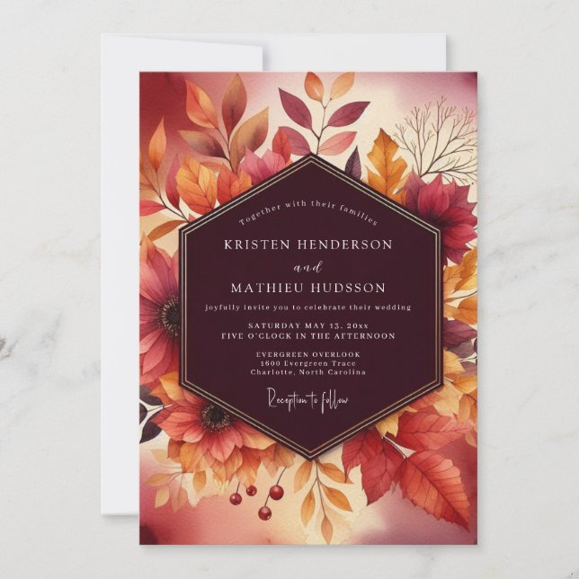 Convite Casamento Floral de Outono Borgonha (Frente)