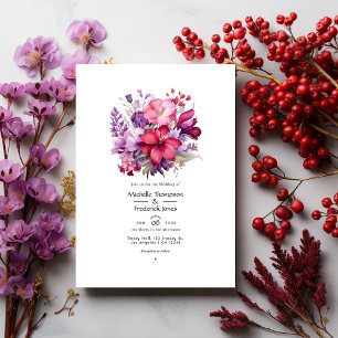 Convite Casamento Floral de Outono Cereja Vermelha e Roxo 