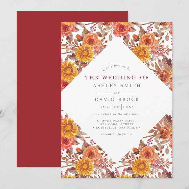 Convite Casamento Floral de Outono com Aquarela Rústica (Frente/Verso)