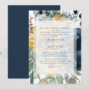 Convite Casamento Floral de Outono com Azul Marinho e Gira