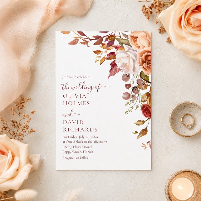 Convite Casamento Floral de Outono com Laranja Queimada e  (Burnt Orange & Peach Fall Floral Wedding Invitation)