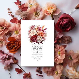 Convite Casamento Floral de Outono com Marrom, Marrom Vinh