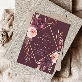 Convite Casamento Floral de Outono com Moldura Dourada Rom