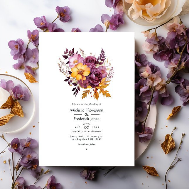 Convite Casamento Floral de Outono com Vinho de Ameixa e D (Criador carregado)