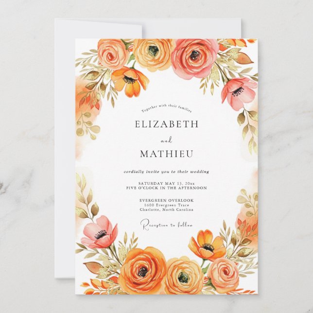 Convite Casamento Floral de Outono Coral Blush (Frente)