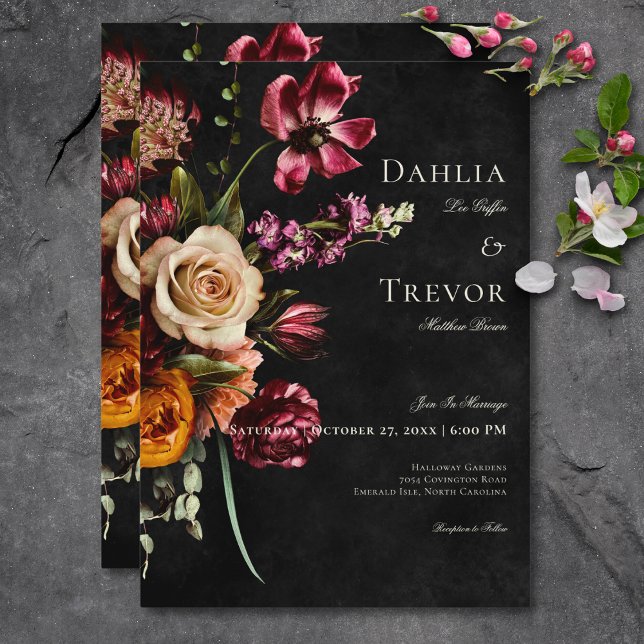 Convite Casamento Floral de outono de Escuro Elegante (Dark Elegant Autumn Floral Wedding Invitation)
