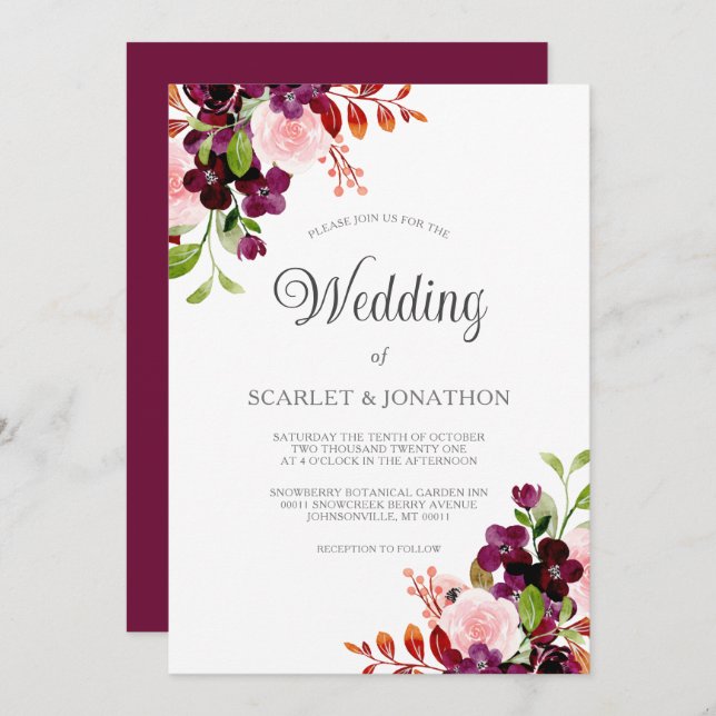 Convite Casamento Floral de Outono de Outono de Burgundy B (Frente/Verso)