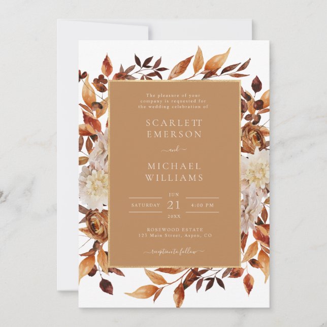 Convite Casamento Floral de Outono Dourado (Frente)