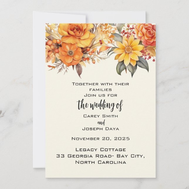 Convite Casamento Floral de outono Elegante (Frente)