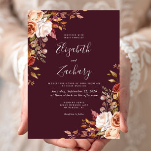 Convite Casamento Floral de Outono em Aquarela Burgundy