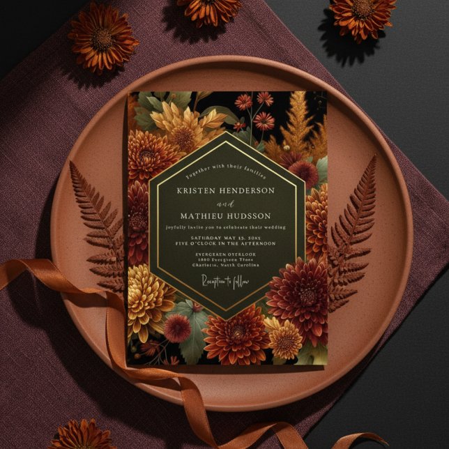 Convite Casamento Floral de Outono em Borgonha Profundo (Criador carregado)