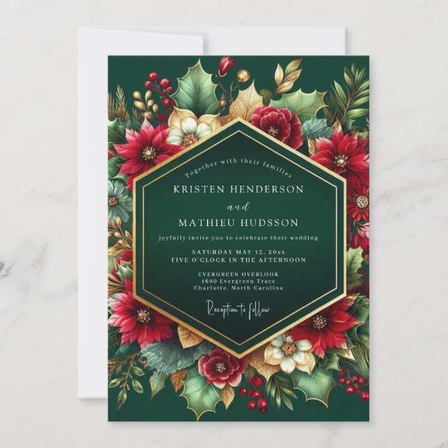 Convite Casamento Floral de Outono em Esmeralda Profunda (Frente)
