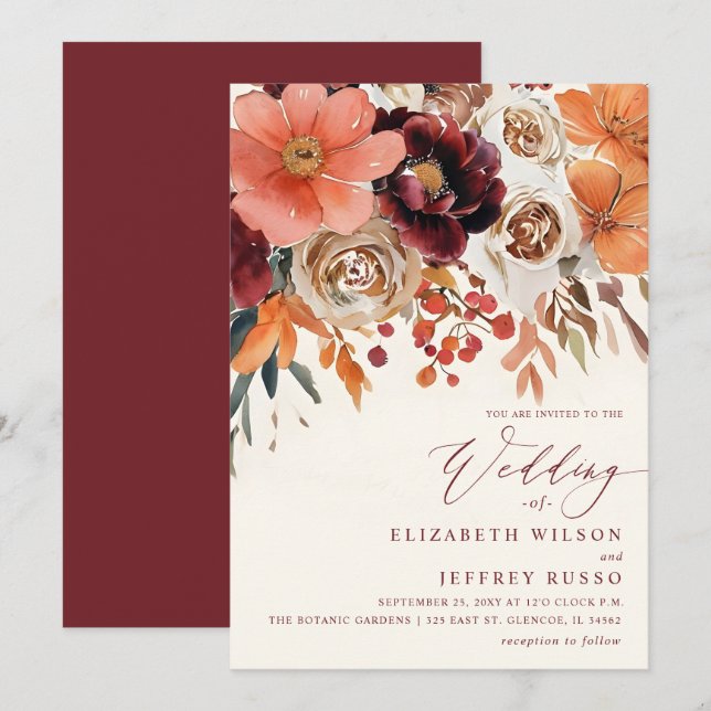 Convite Casamento Floral de Outono em Laranja Borgonha (Frente/Verso)