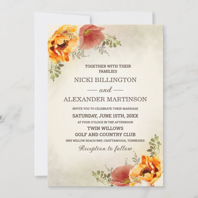 Convite Casamento Floral de Outono em Laranja Queimada (Frente)