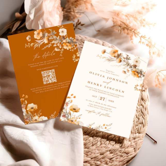 Convite Casamento Floral de Outono em Laranja Queimada (Criador carregado)