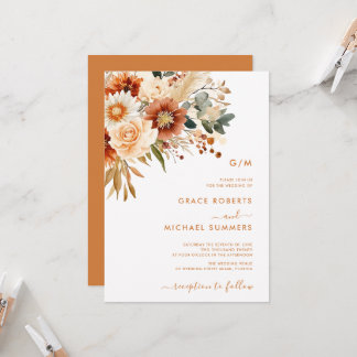 Convite Casamento Floral de Outono em Terracota com Aquare