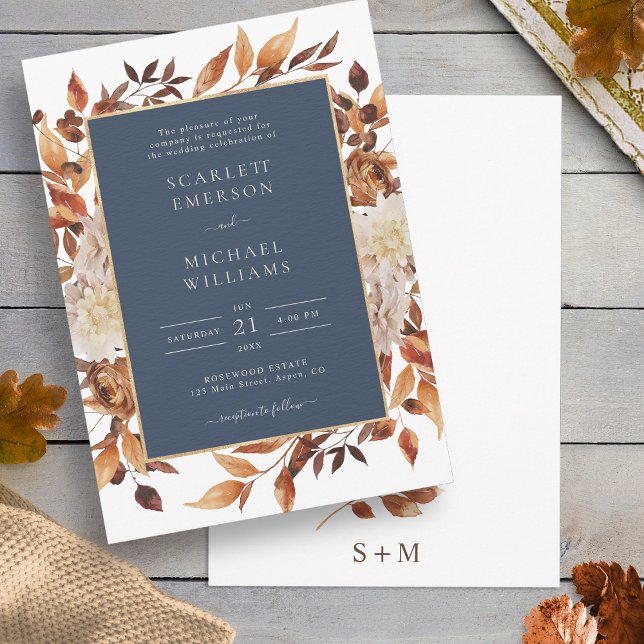 Convite Casamento Floral de Outono Marinho (Navy Blue White Terracotta Fall Watercolor Floral Wedding Invitation by Painted Paperie
)