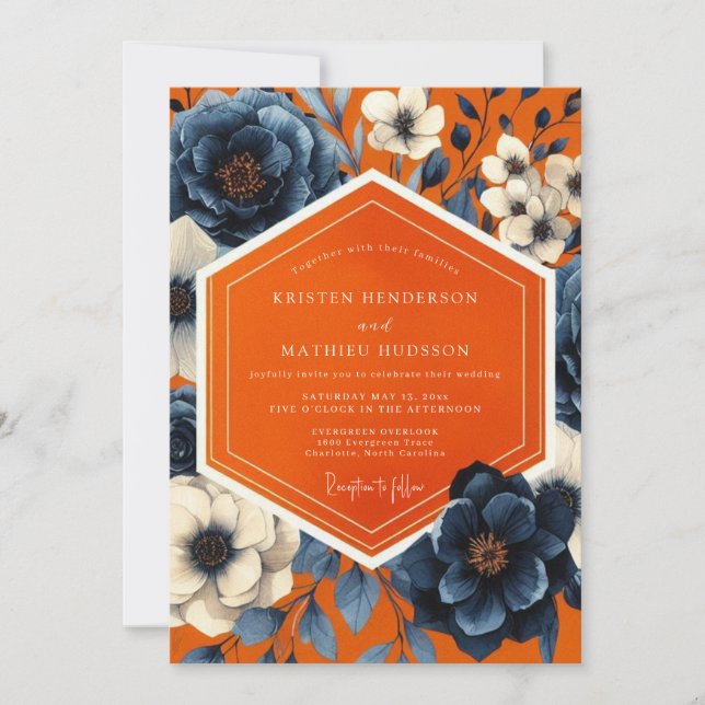 Convite Casamento Floral de Outono Navy Bloom (Frente)