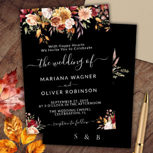 Convite Casamento Floral de Outono Preto Elegante