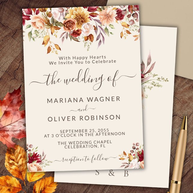 Convite Casamento Floral de Outono Romântico (Criador carregado)