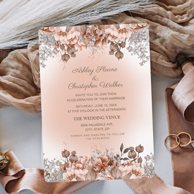 Convite Casamento Floral de Outono Rosa Laranja Queimada E (Criador carregado)