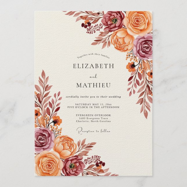 Convite Casamento Floral de Outono Rust Flourish (Frente)