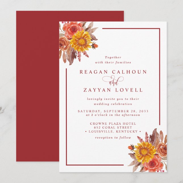 Convite Casamento Floral de Outono Rústico (Frente/Verso)