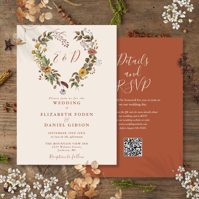 Convite Casamento Floral de Outono Rústico com Código QR (Rustic Autumn Fall Floral QR Code Wedding Invitation)