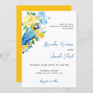 Convite Casamento Floral de Papagaio Azul e Amarelo