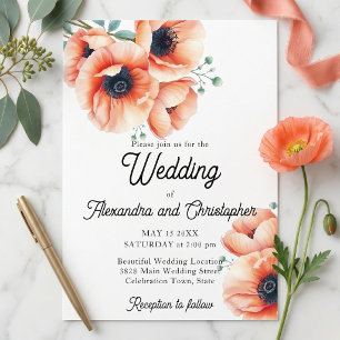 Convite Casamento Floral de Papoula em Aquarela Bege Elega