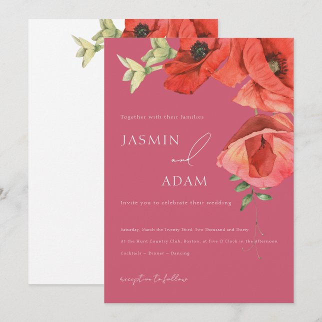 Convite Casamento Floral de Papoula Vermelha Rosa Magenta (Frente/Verso)