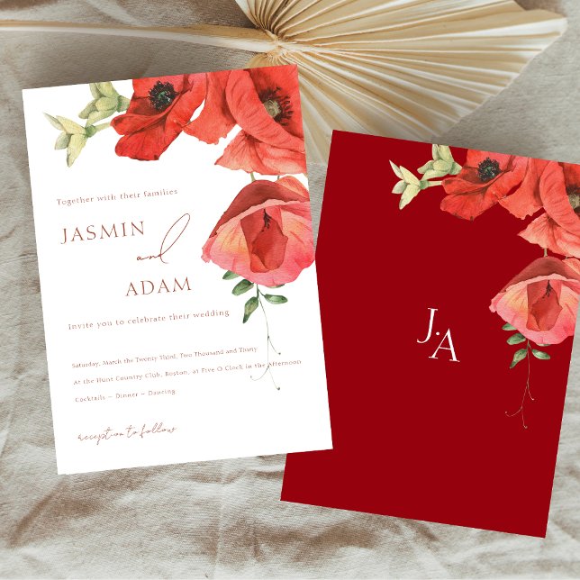 Convite Casamento Floral de Papoula Vermelha Simples (Simple Crimson Red Poppy Floral Wedding Invitation)