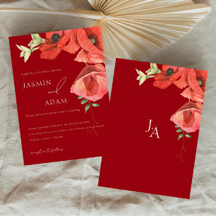 Convite Casamento Floral de Papoulas Vermelhas Elegantes