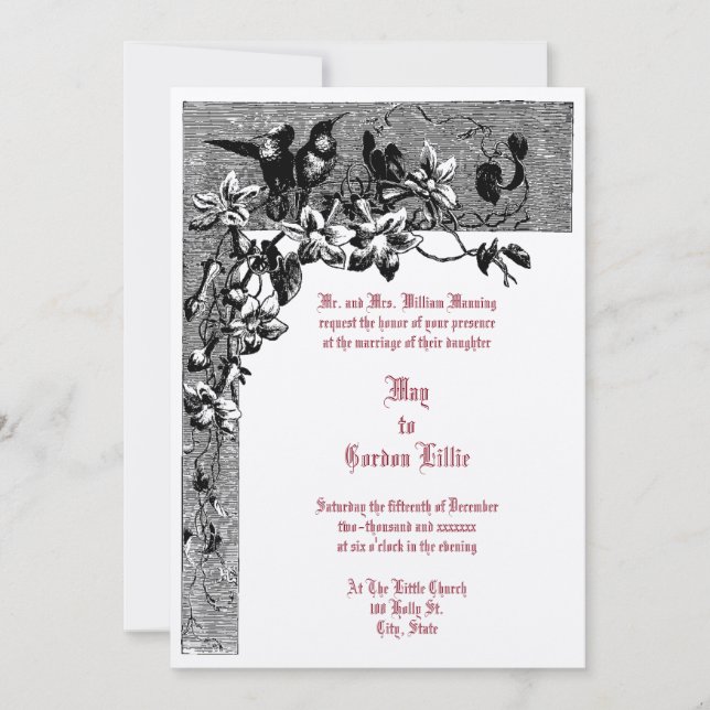 Convite Casamento Floral de Par Hummingbird Era 1874 (Frente)