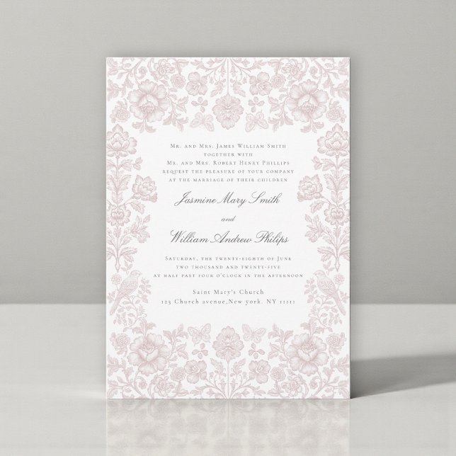 Convite Casamento Floral de Pássaro Damask Rosa Suave Capr (Criador carregado)