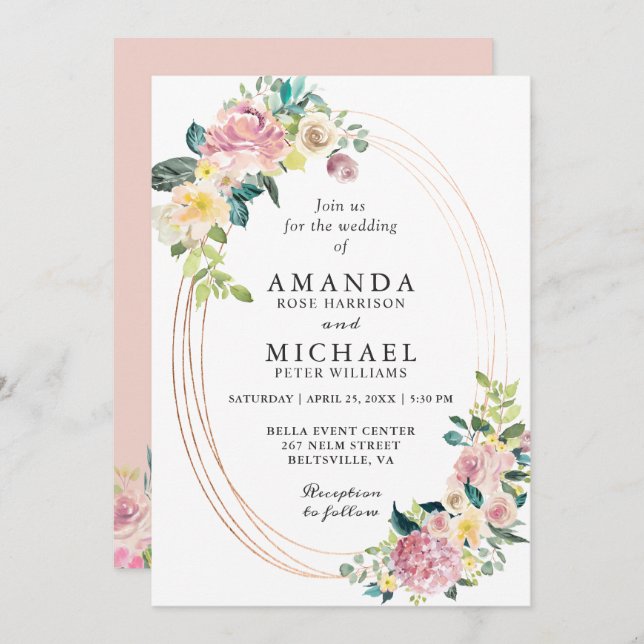 Convite Casamento Floral de Pastel Blush de Quadro Oval Mo (Frente/Verso)