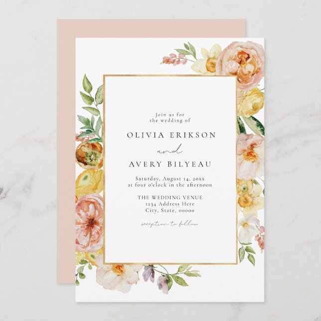Convite Casamento Floral de Pastel Blush & Peach Pastel (Frente/Verso)