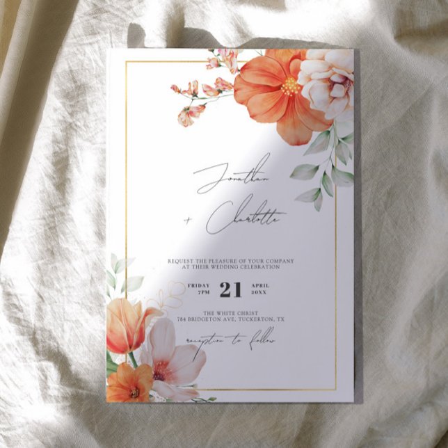 Convite Casamento Floral de Peach e Borda Dourada (Criador carregado)