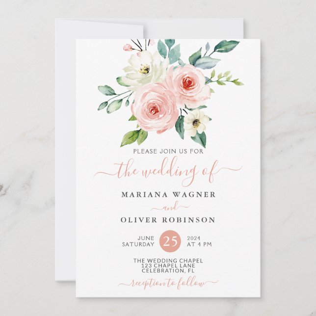 Convite Casamento Floral de Peach White Watercolor (Frente)