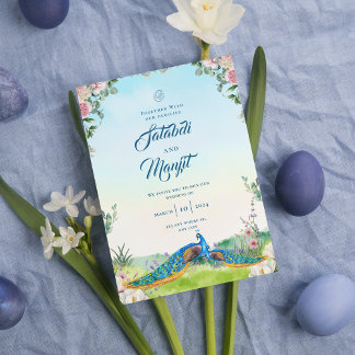 Convite Casamento Floral de Peacock Indiano em Aquarela Az