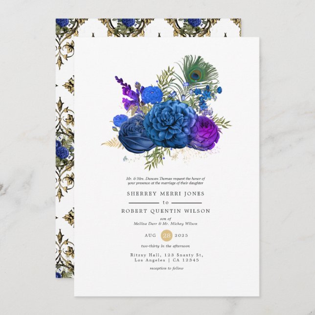 Convite Casamento Floral de Peacock marinho Azul e Dourado (Frente/Verso)