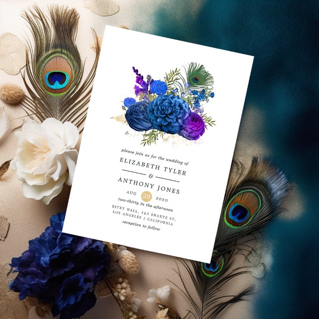 Convite Casamento Floral de Peacock marinho Azul e Dourado (Criador carregado)