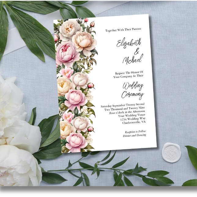 Convite Casamento Floral de Pedras Brancas Rosa Escamosas (Blush Pink White Cream Roses and Peonies Wedding Invitation Elegant and Modern)