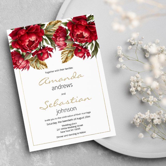 Convite Casamento floral de peões de ouro vermelho de outo (Elegant Autumn red gold peonies floral wedding)