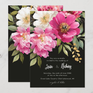 Convite Casamento Floral de Peônia com Aquarela Rosa e Bra
